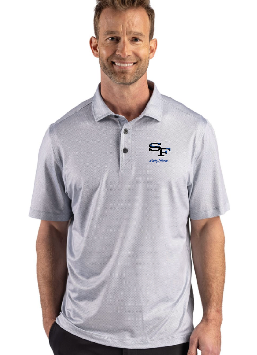 2026 SF Basketball Cutter & Buck Pike Lattice Print Mens Polo - Silver & White Pattern