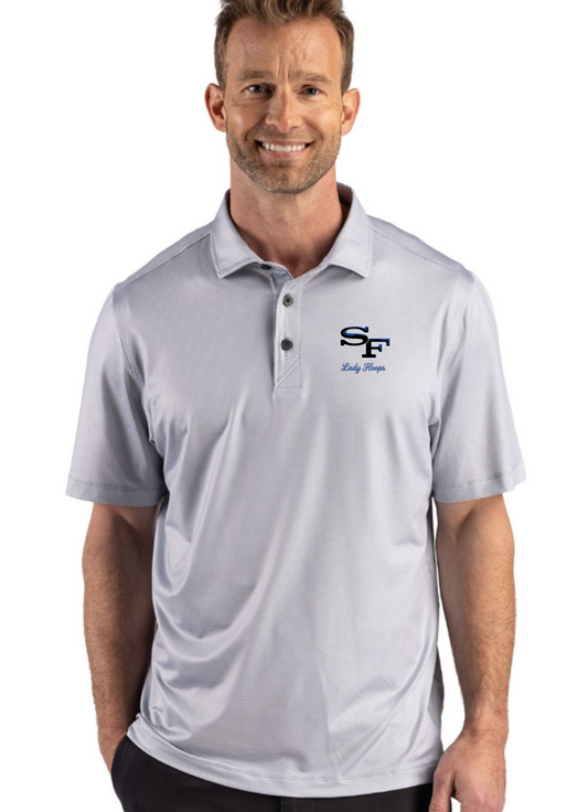 2026 SF Basketball Cutter & Buck Pike Lattice Print Mens Polo - Silver & White Pattern