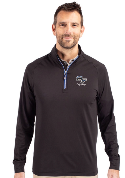 2026 SF Basketball Cutter & Buck Soft Knit Stretch Mens 1/4zip Pullover - Black w Royal Zip