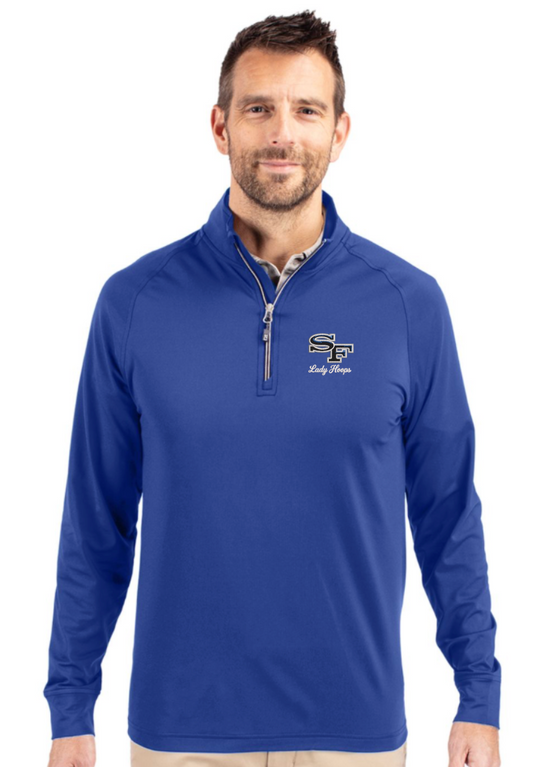 2026 SF Basketball Cutter & Buck Soft Knit Stretch Mens 1/4zip Pullover - Royal Blue
